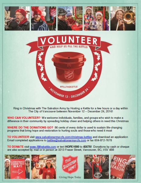 2016 SAVCFS CHRISTMAS KETTLE VOLUNTEERS NEEDED POSTER